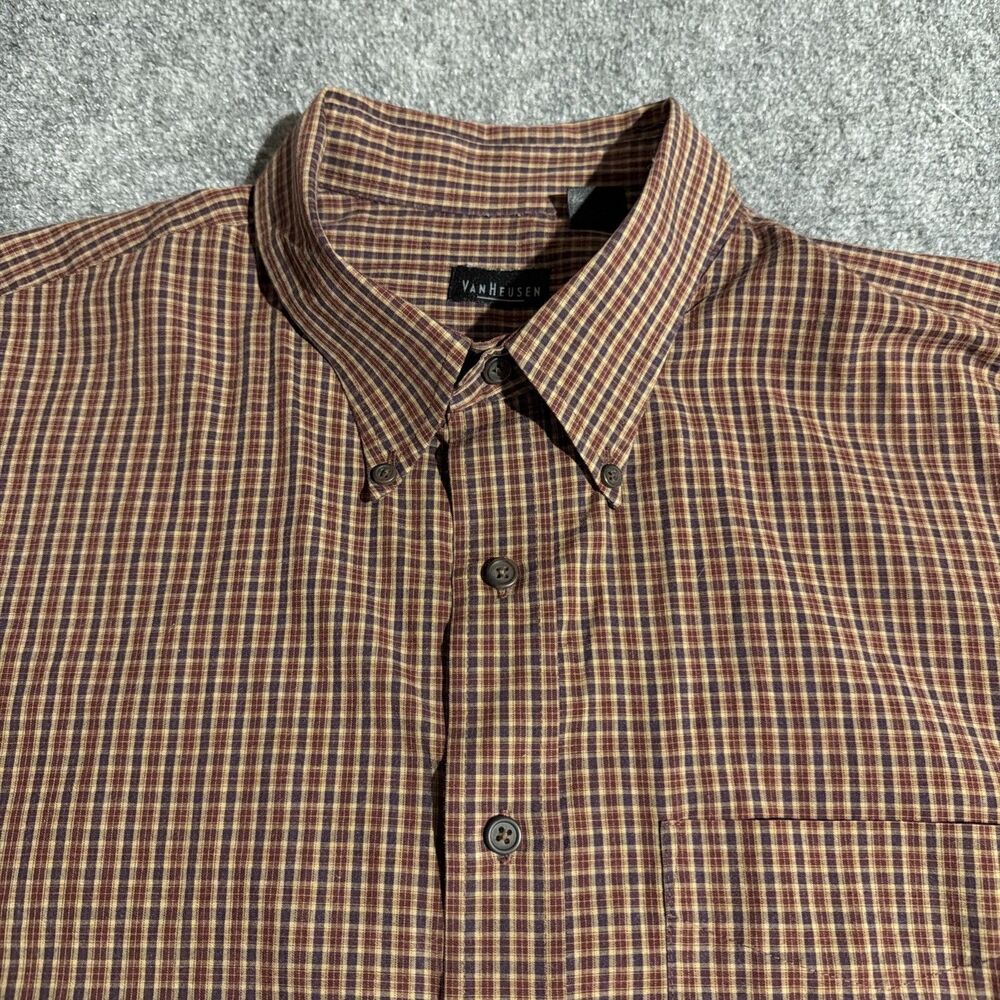 Van Heusen Shirt Mens XXL Brown Tattersall Plaid Button Down Long Sleeve